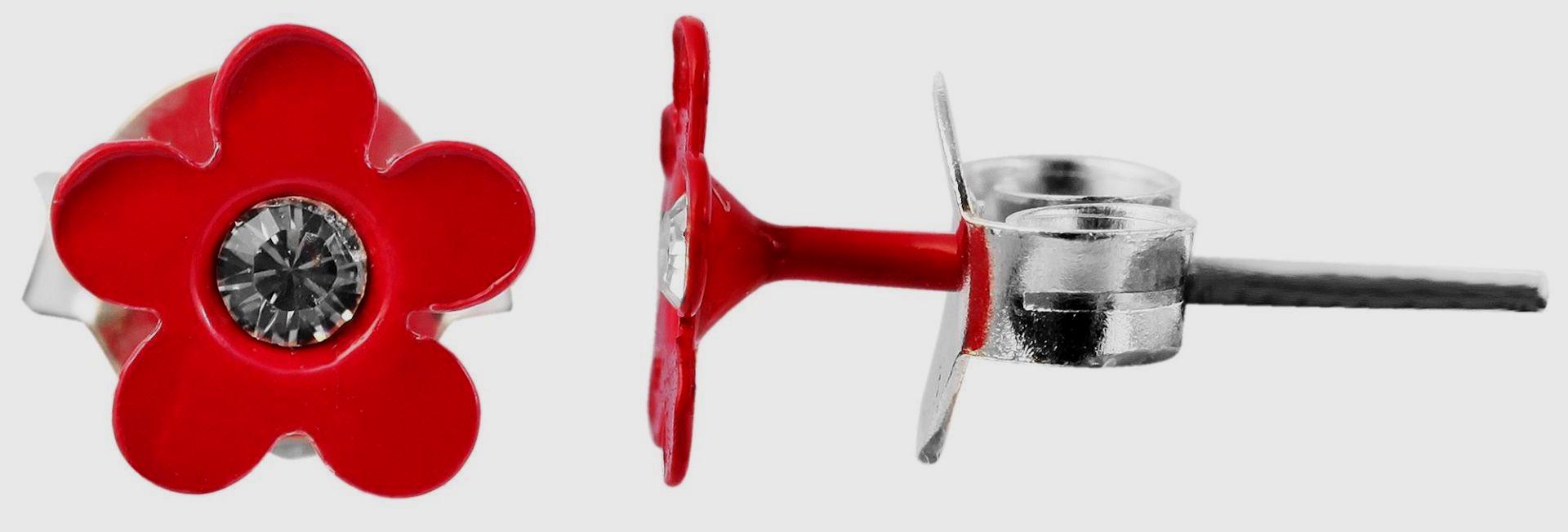 925/- Echt Silber Kinder Ohrstecker "Florette", Blume mit Similistein, rot