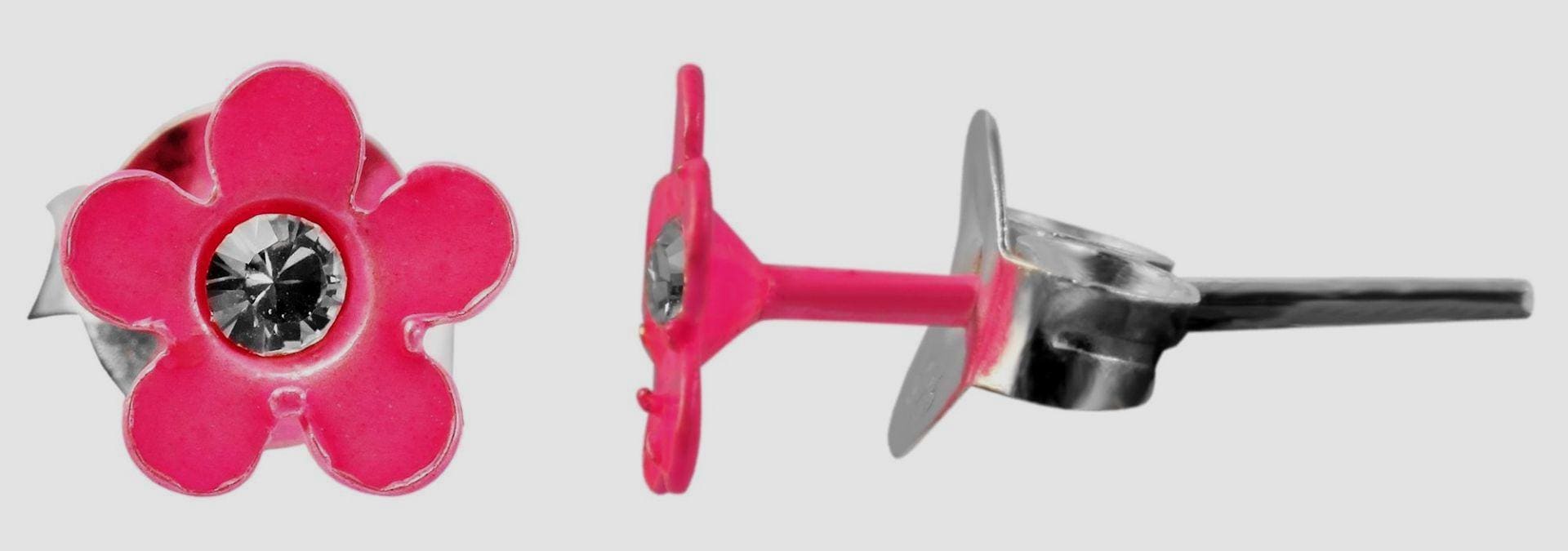 925/- Echt Silber Kinder Ohrstecker "Florette", Blume mit Similistein, pink Blütenohrstecker