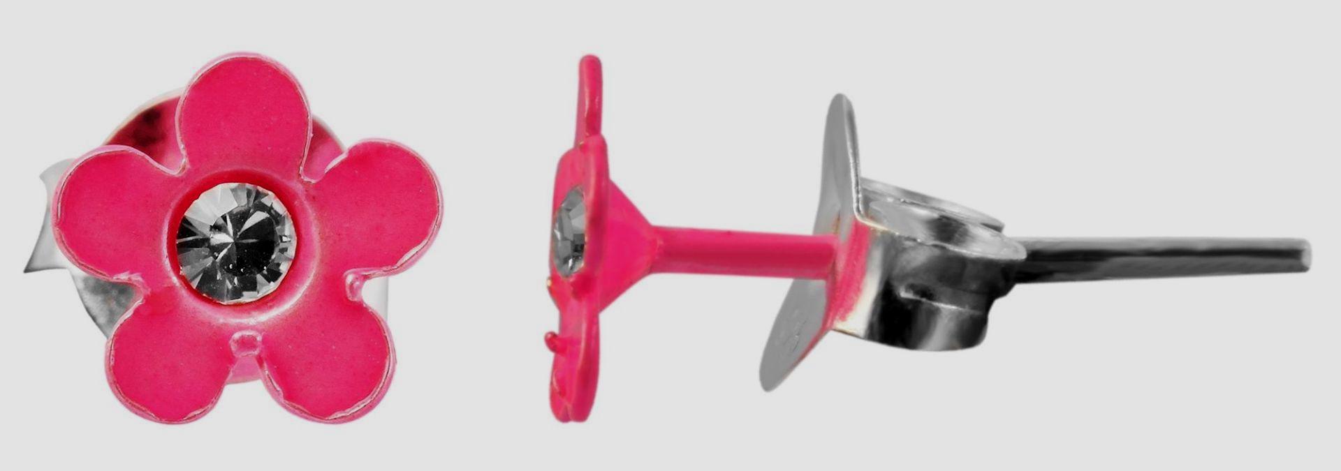 925/- Echt Silber Kinder Ohrstecker "Florette", Blume mit Similistein, neonpink Blütenohrstecker für Mädchen
