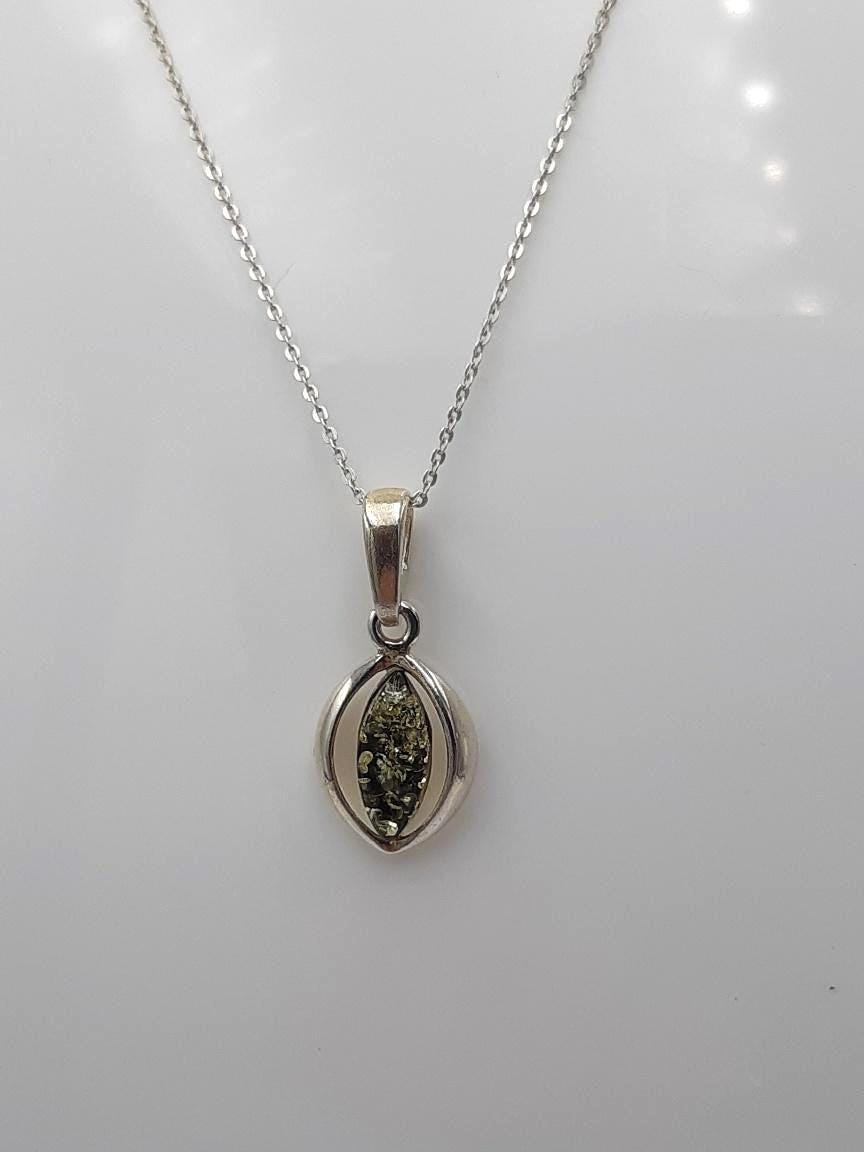 Bernstein Anhänger in 925 Sterling  Silber Collier Kette grüner Bernsteinn Modern