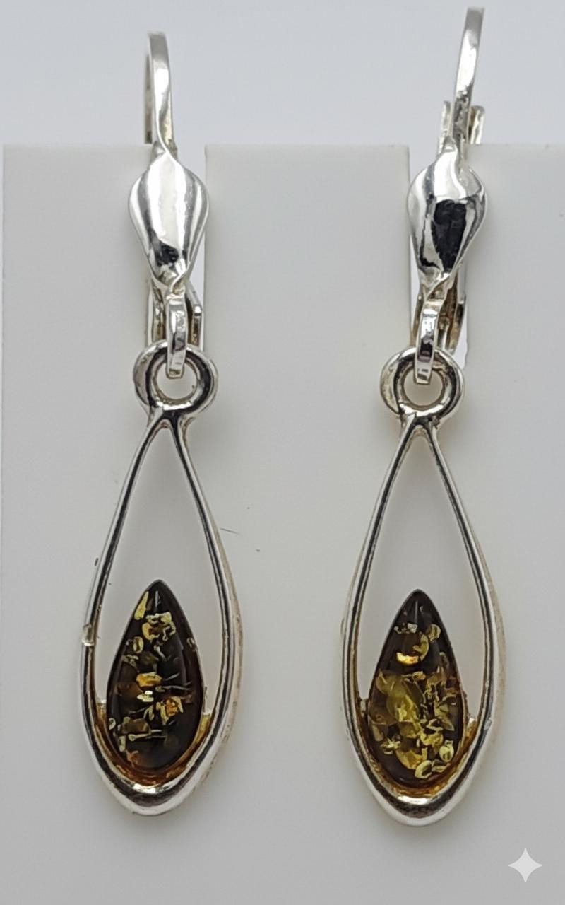 Exklusive Bernstein 925 Sterling Silber Ohrhänger | Seltener Baltischer Grün-Bernstein