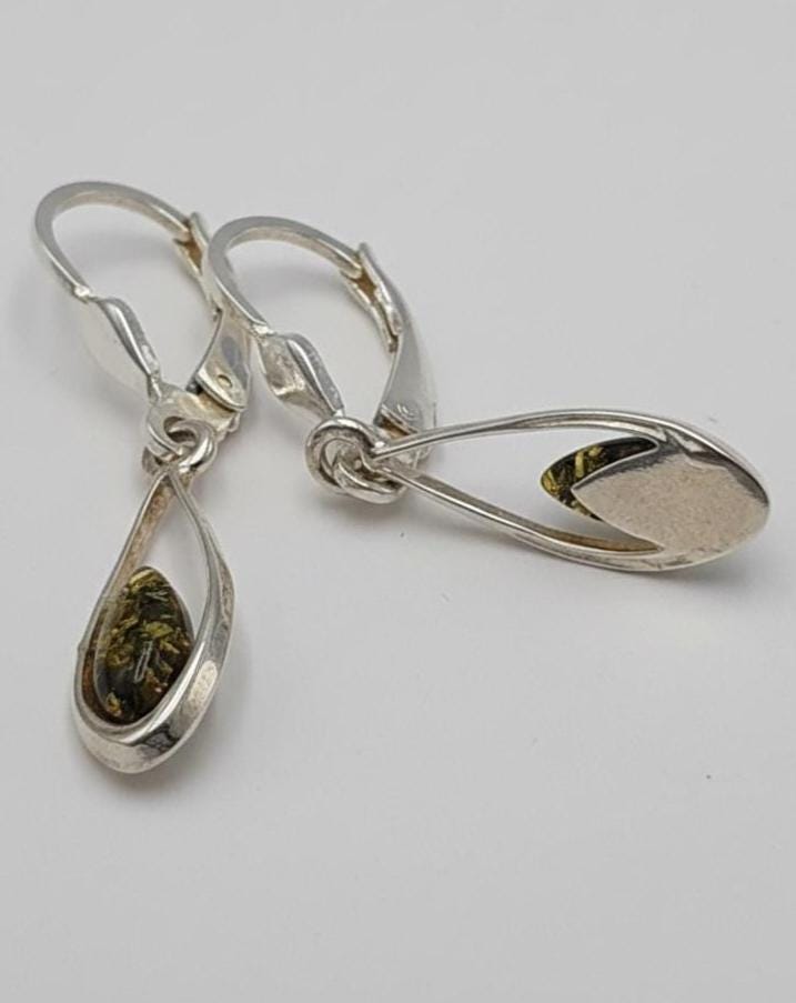 Exklusive Bernstein 925 Sterling Silber Ohrhänger | Seltener Baltischer Grün-Bernstein