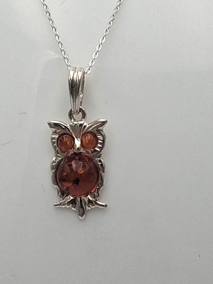 Bernstein Eulen Anhänger 925 Silber Eulenanhänger Collier Kette Plastisch Top