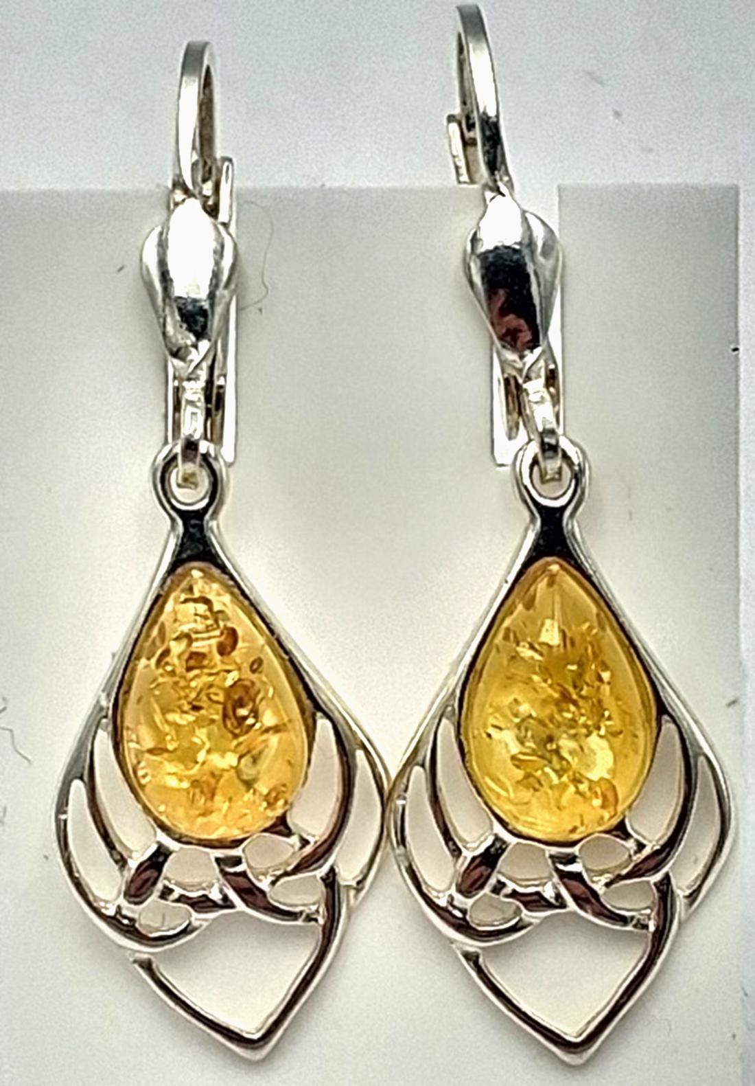 Bernstein Ohrhänger 925 Silber Jugendstil Ohrschmuck Bernsteinschmuck