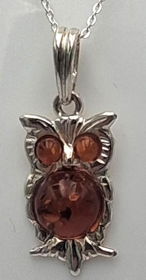 Bernstein Eulen Anhänger 925 Silber Eulenanhänger Collier Kette Plastisch Top