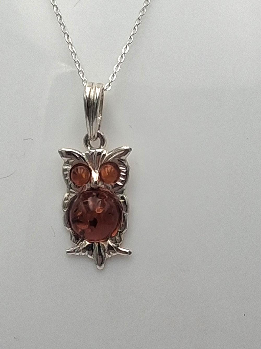 Bernstein Eulen Anhänger 925 Silber Eulenanhänger Collier Kette Plastisch Top