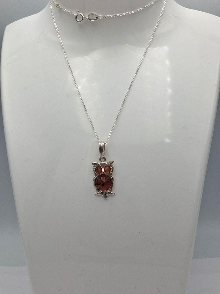 Bernstein Eulen Anhänger 925 Silber Eulenanhänger Collier Kette Plastisch Top