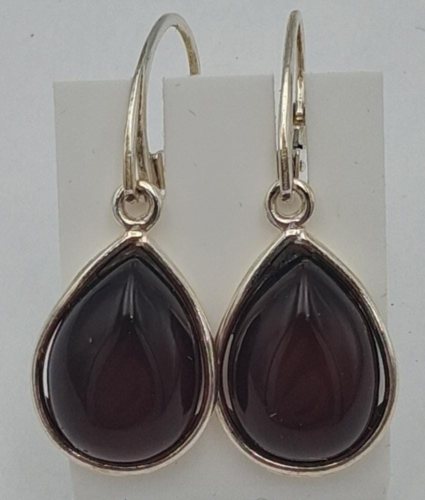 Bernstein Tropfenohrringe / Ohrhänger aus 925 Sterling Silber  Bordeaux Rot & Zeitlos