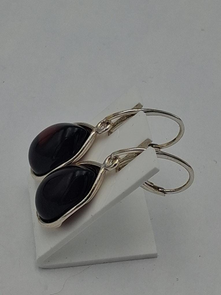Bernstein Tropfenohrringe / Ohrhänger aus 925 Sterling Silber  Bordeaux Rot & Zeitlos