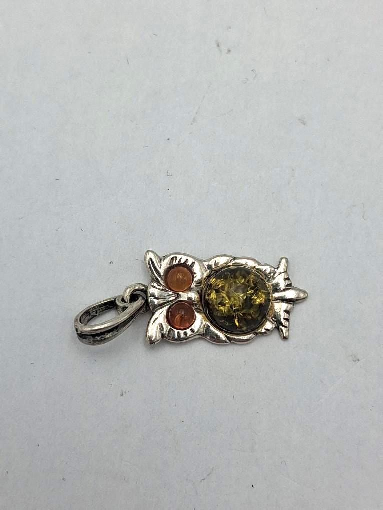 Bernstein EulenAnhänger Eule 925 Sterling Silber Bernstein | Designer Tier Schmuck Kettenanhänger | 3,7 cm