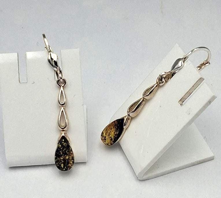Elegante Long-Ohrhänger  Sterling Silber 925 mit dunklem "Grün" Bernstein