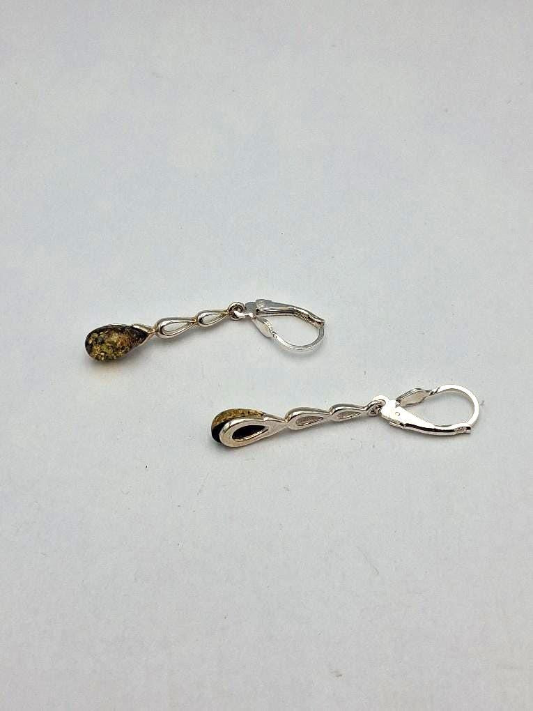 Elegante Long-Ohrhänger  Sterling Silber 925 mit dunklem "Grün" Bernstein