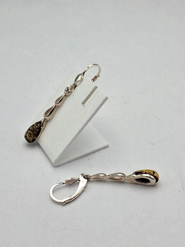 Elegante Long-Ohrhänger  Sterling Silber 925 mit dunklem "Grün" Bernstein