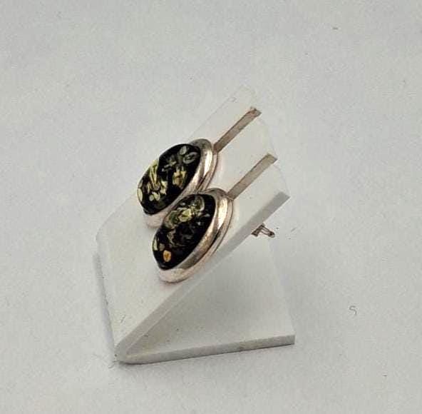 Bernstein-Ohrstecker (UNIKAT) | 925 Silber Oval mit grünem Mosaik-Bernstein