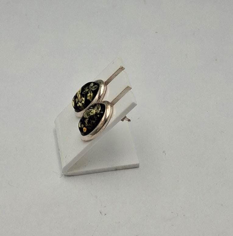 Bernstein-Ohrstecker (UNIKAT) | 925 Silber Oval mit grünem Mosaik-Bernstein