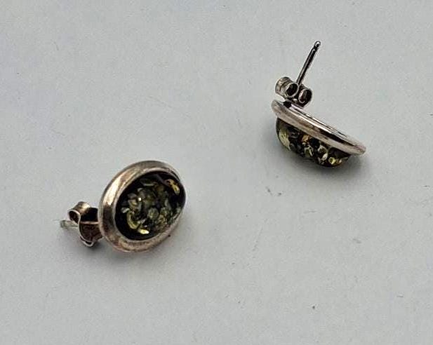 Bernstein-Ohrstecker (UNIKAT) | 925 Silber Oval mit grünem Mosaik-Bernstein