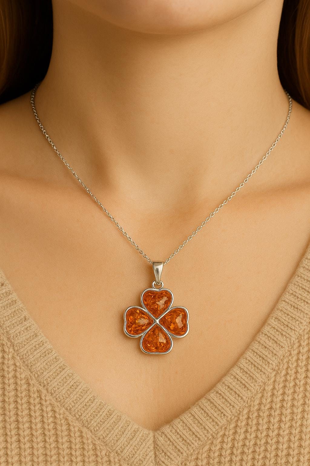 Bernstein Kleeblatt Anhänger 925 Silber Glückssymbol Collier Kette Top Edel