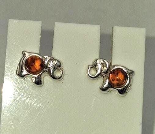 Elefanten Ohrstecker  925 Sterling Silber mit dunklem Natur-Bernstein  Tier ohrstecker für Kinder