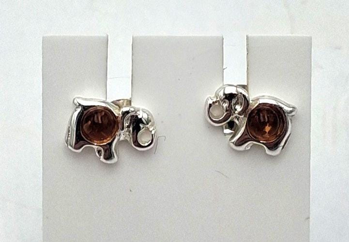 Elefanten Ohrstecker  925 Sterling Silber mit dunklem Natur-Bernstein  Tier ohrstecker für Kinder
