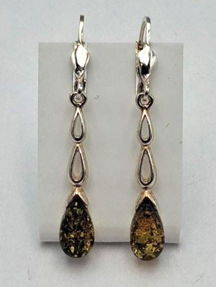 Elegante Long-Ohrhänger  Sterling Silber 925 mit dunklem "Grün" Bernstein
