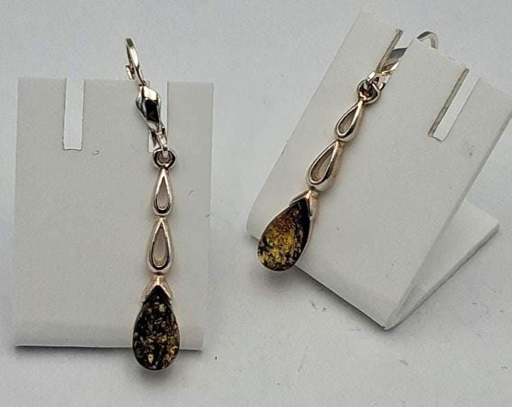 Elegante Long-Ohrhänger  Sterling Silber 925 mit dunklem "Grün" Bernstein