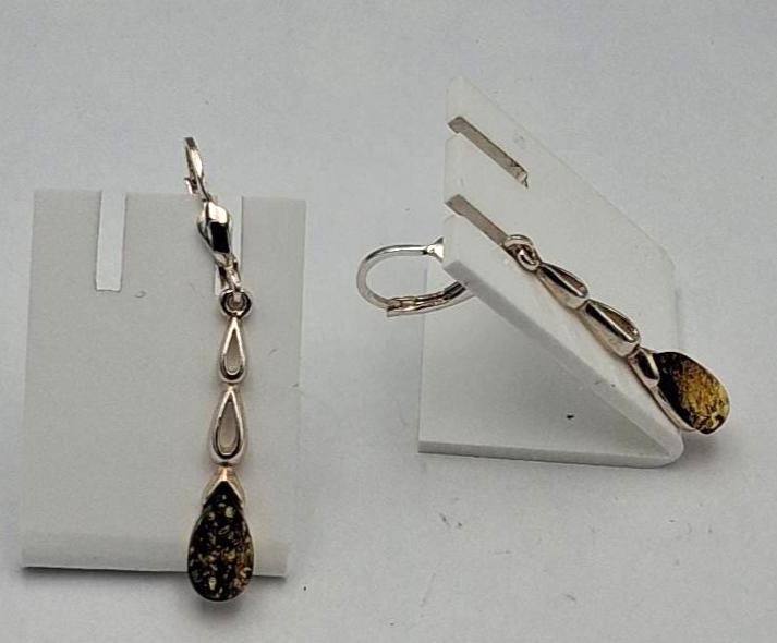 Elegante Long-Ohrhänger  Sterling Silber 925 mit dunklem "Grün" Bernstein