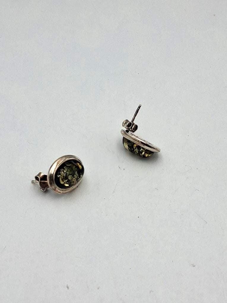 Bernstein-Ohrstecker (UNIKAT) | 925 Silber Oval mit grünem Mosaik-Bernstein