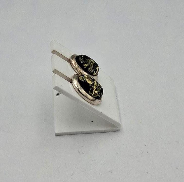Bernstein-Ohrstecker (UNIKAT) | 925 Silber Oval mit grünem Mosaik-Bernstein