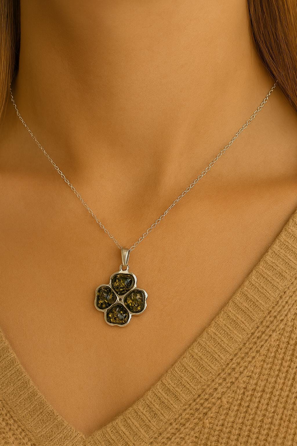 Bernstein Kleeblatt Anhänger 925 Silber Glückssymbol Collier Kette Top Edel