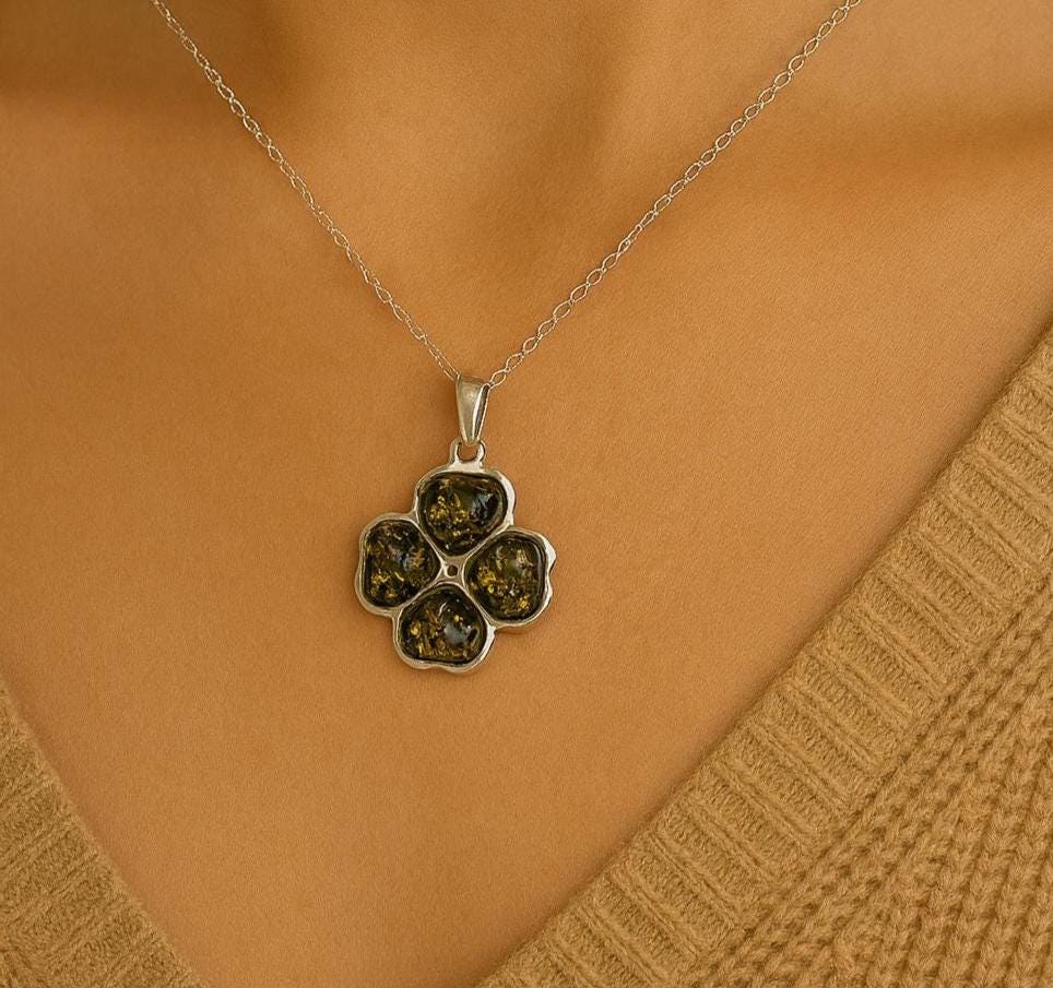 Bernstein Kleeblatt Anhänger 925 Silber Glückssymbol Collier Kette Top Edel