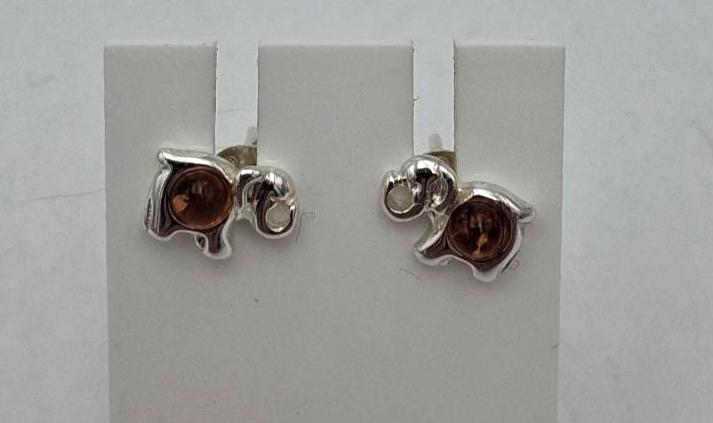 Elefanten Ohrstecker  925 Sterling Silber mit dunklem Natur-Bernstein  Tier ohrstecker für Kinder