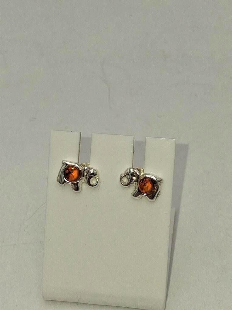 Elefanten Ohrstecker  925 Sterling Silber mit dunklem Natur-Bernstein  Tier ohrstecker für Kinder
