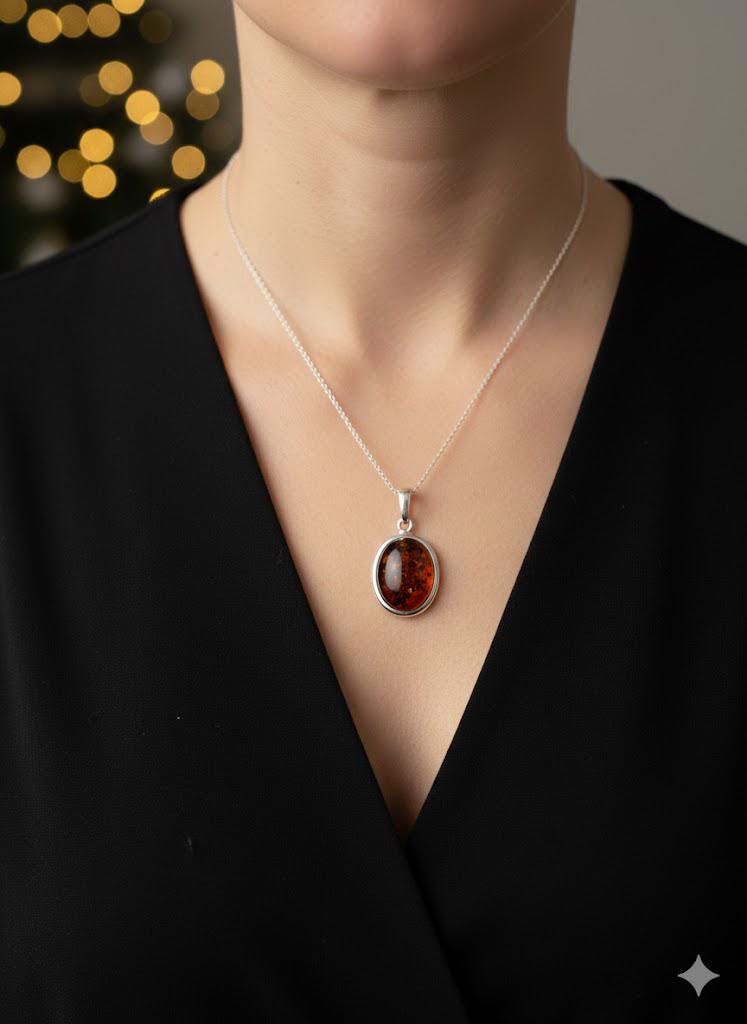 Bernstein Anhänger aus 925 Sterling Silber  Inkl. Kette 45cm aus Litauen dunkel rot brauner Bernstein