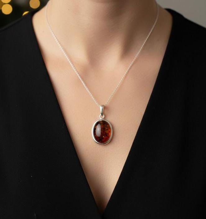 Bernstein Anhänger aus 925 Sterling Silber  Inkl. Kette 45cm aus Litauen dunkel rot brauner Bernstein