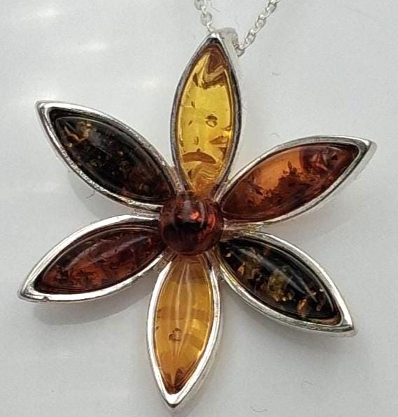Blumen Anhänger 925 Silber Collier Kette Bernstein aus Letland drei verschiedene Farben von Bernstein aus dem Baltikum Edel