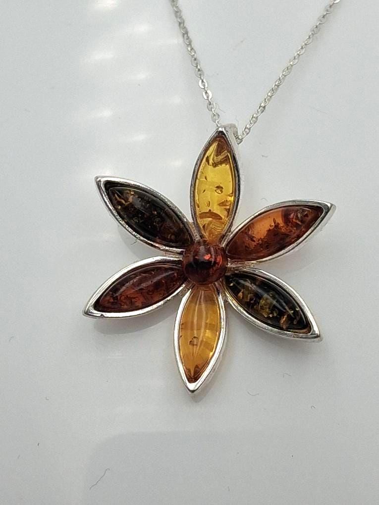 Blumen Anhänger 925 Silber Collier Kette Bernstein aus Letland drei verschiedene Farben von Bernstein aus dem Baltikum Edel