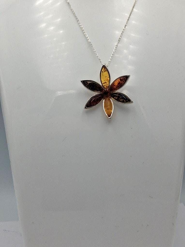 Blumen Anhänger 925 Silber Collier Kette Bernstein aus Letland drei verschiedene Farben von Bernstein aus dem Baltikum Edel