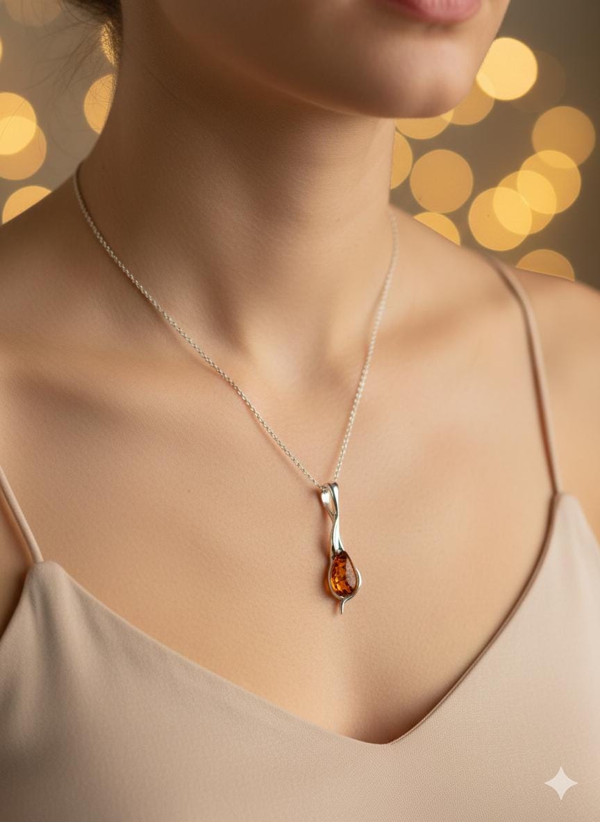 Anhänger mit Bernstein-Tropfen 925 Sterling Silber Collier vom Baltikum