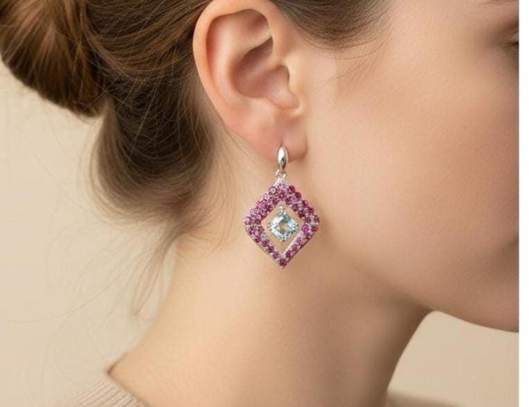 Exklusive 5,70 Carat Rhodolith / Blautopas Ohrstecker 925 Silber Top Edel