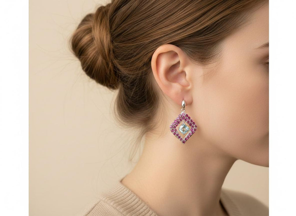 Exklusive 5,70 Carat Rhodolith / Blautopas Ohrstecker 925 Silber Top Edel
