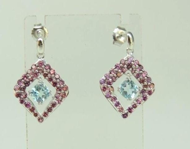 Exklusive 5,70 Carat Rhodolith / Blautopas Ohrstecker 925 Silber Top Edel