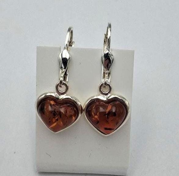 Bernstein Herz Ohrringe in Sterling Silber  Handgefertigtes Design  Romantisches Geschenk für Sie Bernstein aus Litauen