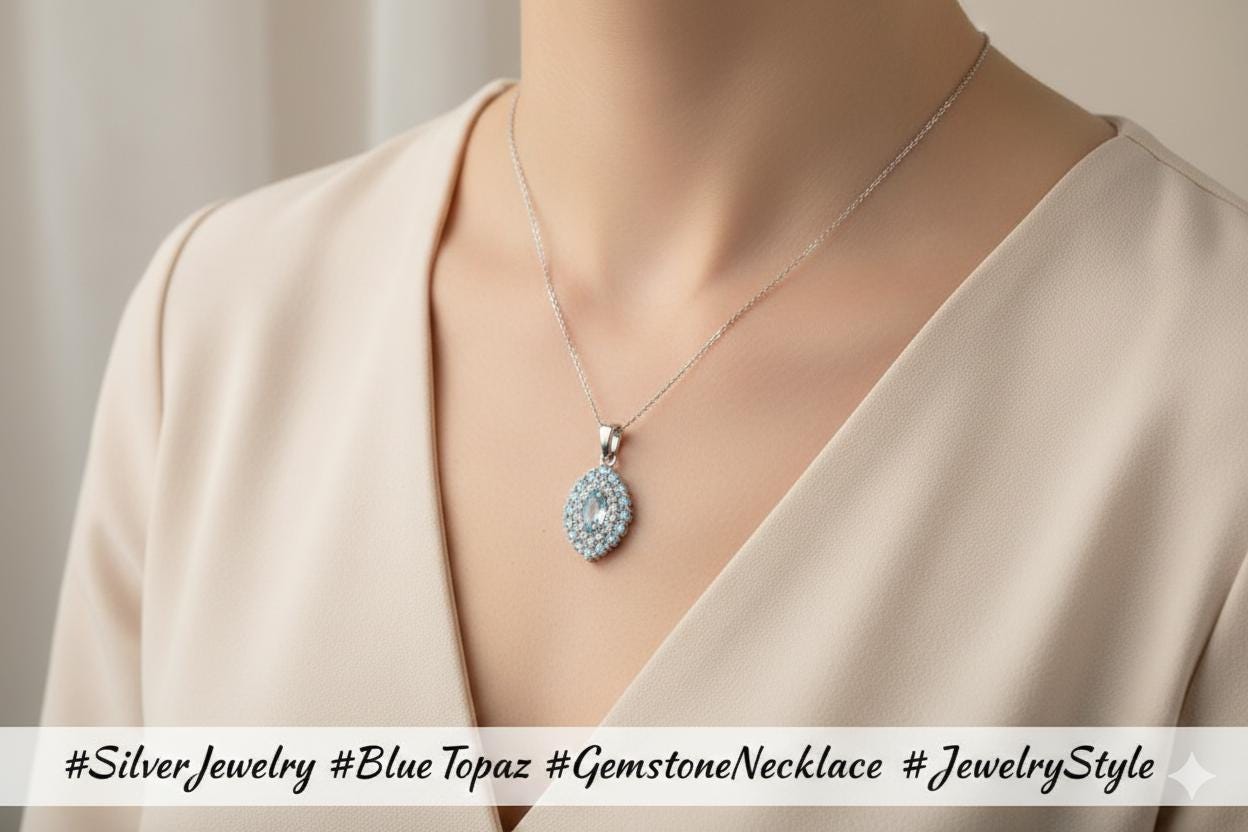 Blautopas Anhänger 925 Silber 2,95 Karat Edelstein Kette Weißtopas Akzente Geschenk für Sie, Blauer Tropfen Anhänger Handgefertigter Schmuck