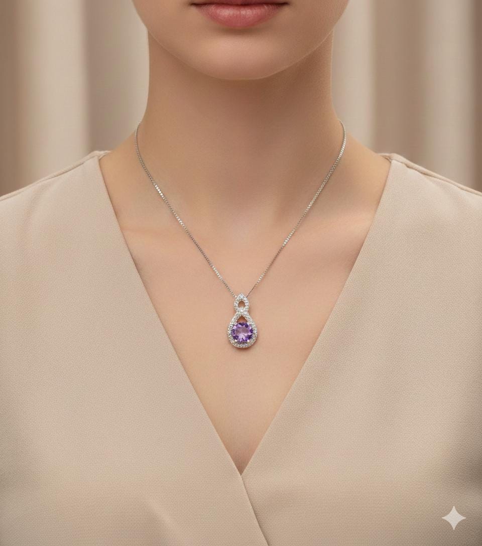 Echter Amethyst Anhänger 925 Silber, Lila Edelstein Kette mit Weißtopas, Minimalistischer Schmuck, Geschenk für Sie, Februar Geburtsstein