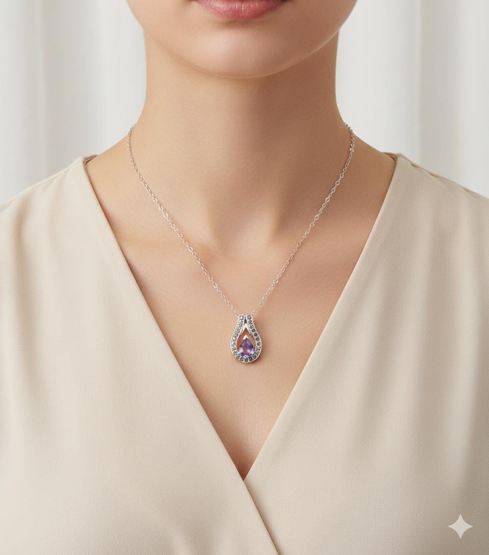 Amethyst Anhänger 925 Silber, Lila Edelstein Kette mit Weißtopas, Februar Geburtsstein, Elegantes Geschenk für Sie, Handgefertigter Schmuck