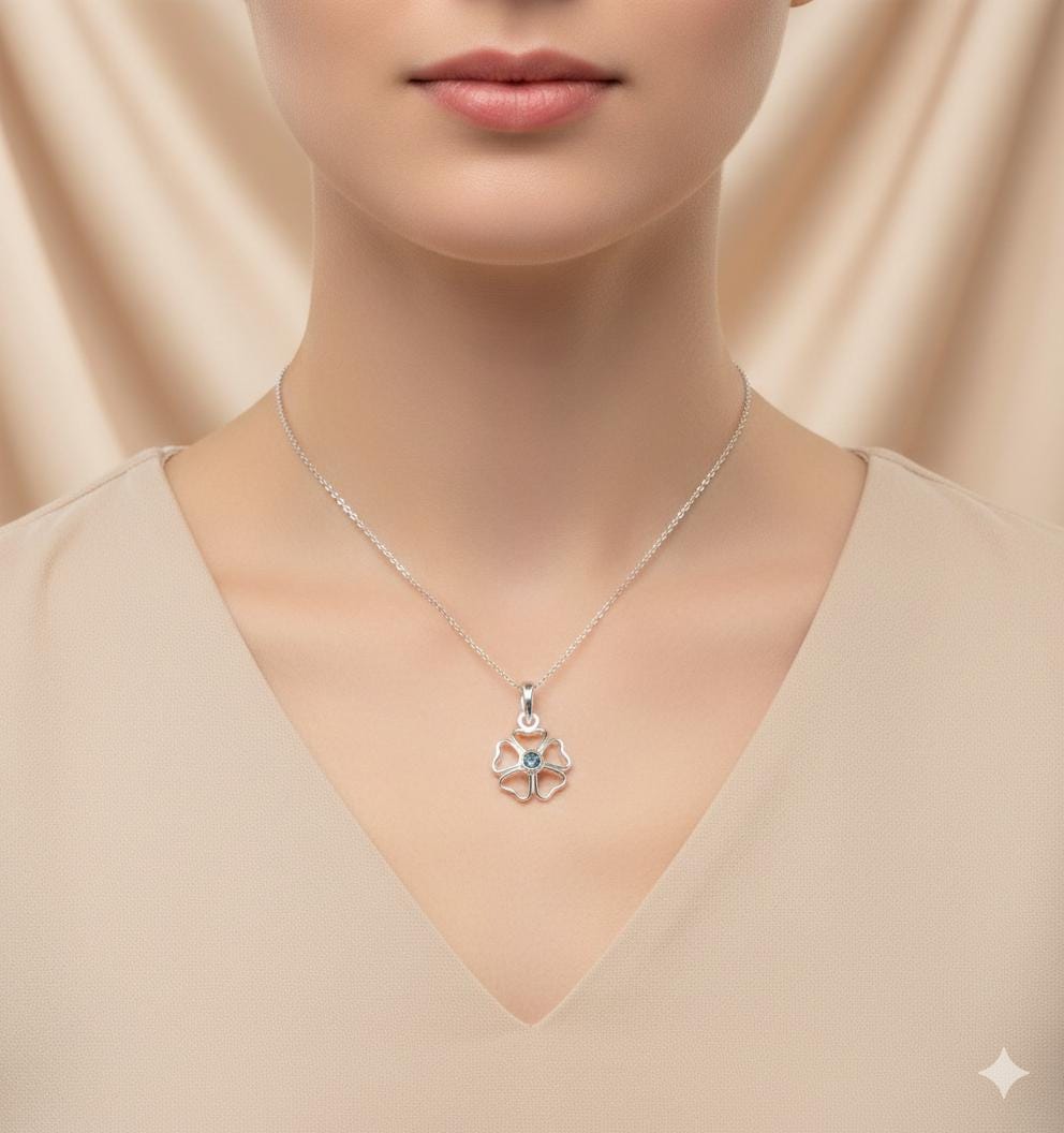 Echter Blautopas Anhänger Silber 925, Kleeblatt Schmuck Blau, Zierliche Edelstein Kette, Glückssymbol Halskette, Kleiner Topas Anhänger Edel