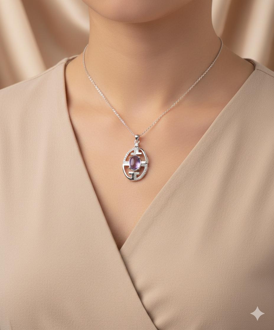 Echter Amethyst Silberanhänger 925, Moderne Edelstein Kette Lila, Designer Anhänger Lang, Schmuck, 1,33 ct  Hochwertig