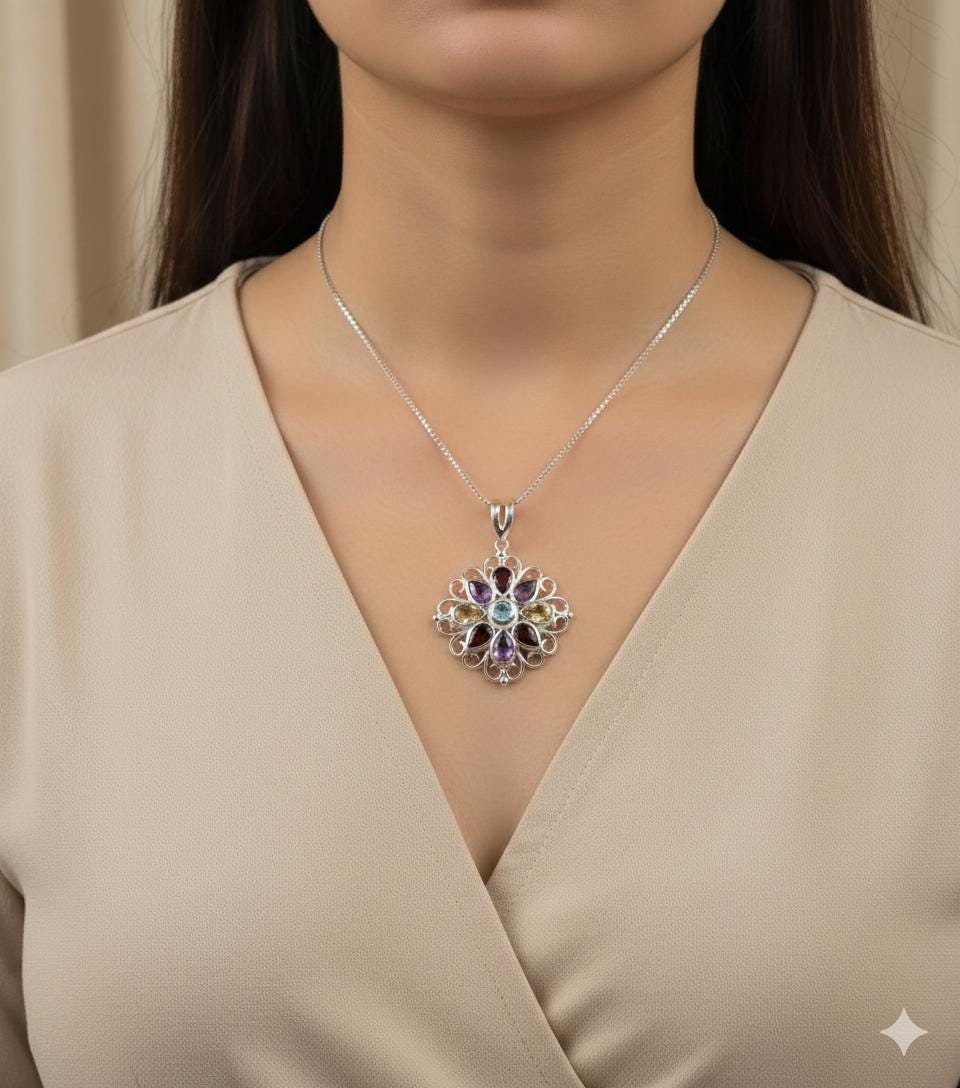 Echter Multi Edelstein Anhänger Silber 925, Tropfen Edelstein Kette Bunt, Regenbogen Schmuck, Filigranes Design, Vintage Stil, Handgefertigt
