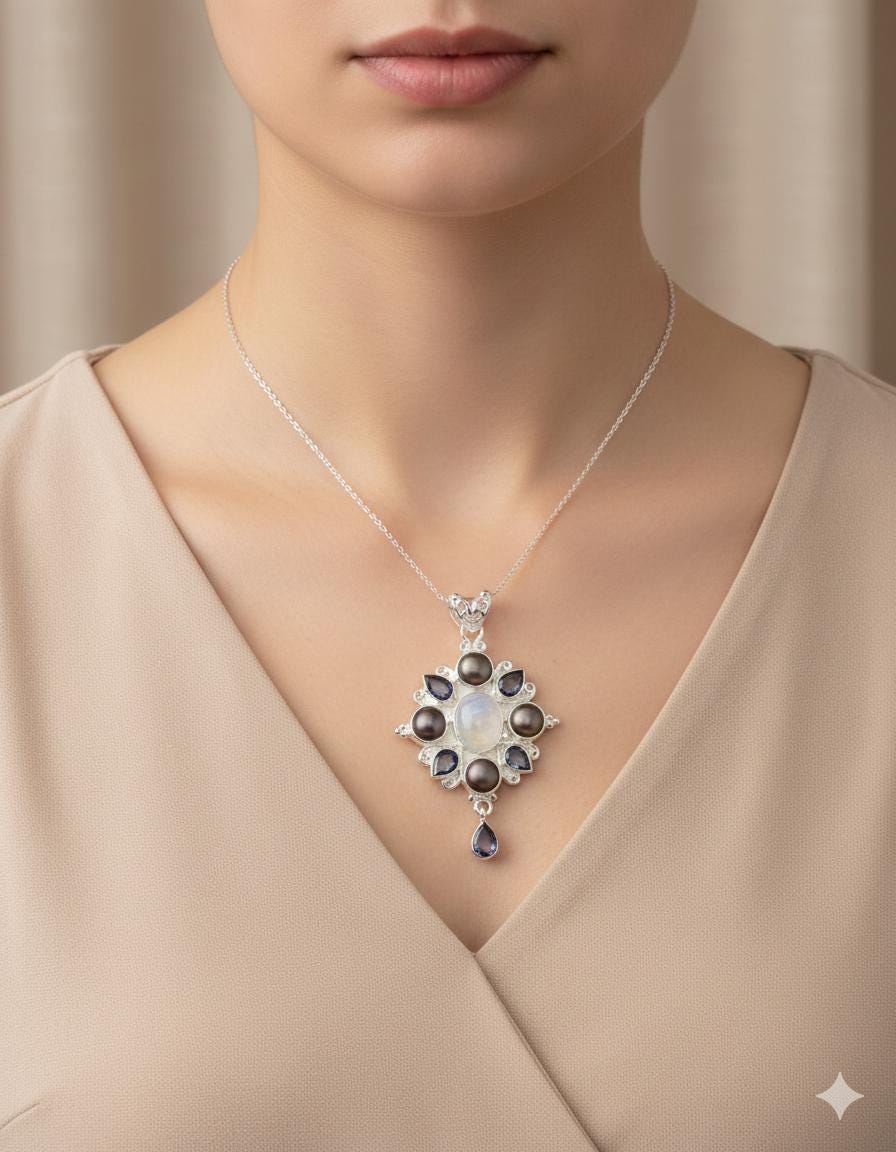 Echter Iolith Anhänger Silber 925, Mondstein & Perle Kette, Dunkelblau Edelstein Schmuck, Vintage Design Collier, Geschenk zum Jubiläum Edel