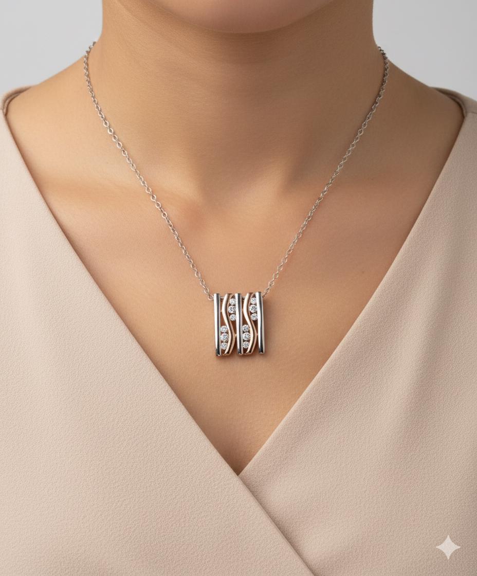Bicolor Anhänger 925 Sterling Silber - Teilvergoldet & Rhodiniert - 12 Funkelnde Zirkonia Rosé - Edler Echtschmuck Anhänger - Handgefertigt